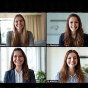 A diverse group of people engaged in a virtual group coaching session, smiling