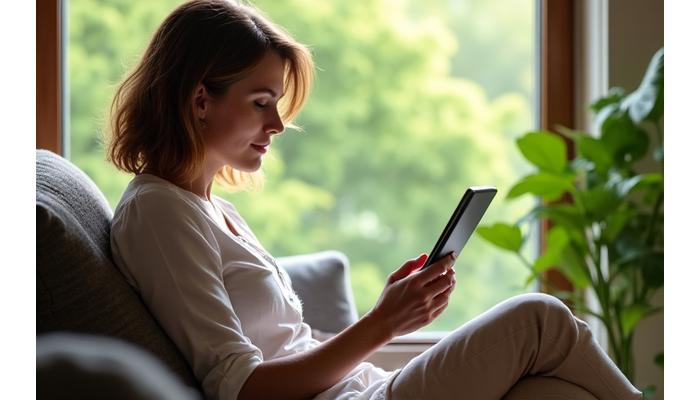 A person engrossed in reading a wellness guide on a tablet, surrounded by natural light from a window with lush greenery outside, symbolizing access to exclusive digital content and a calm learning environment.