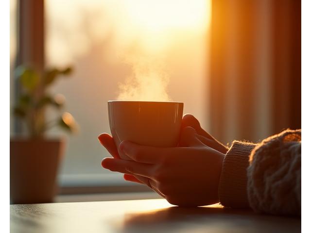 Man quietly sipping coffee, gazing out a window, symbolizing morning mindfulness.